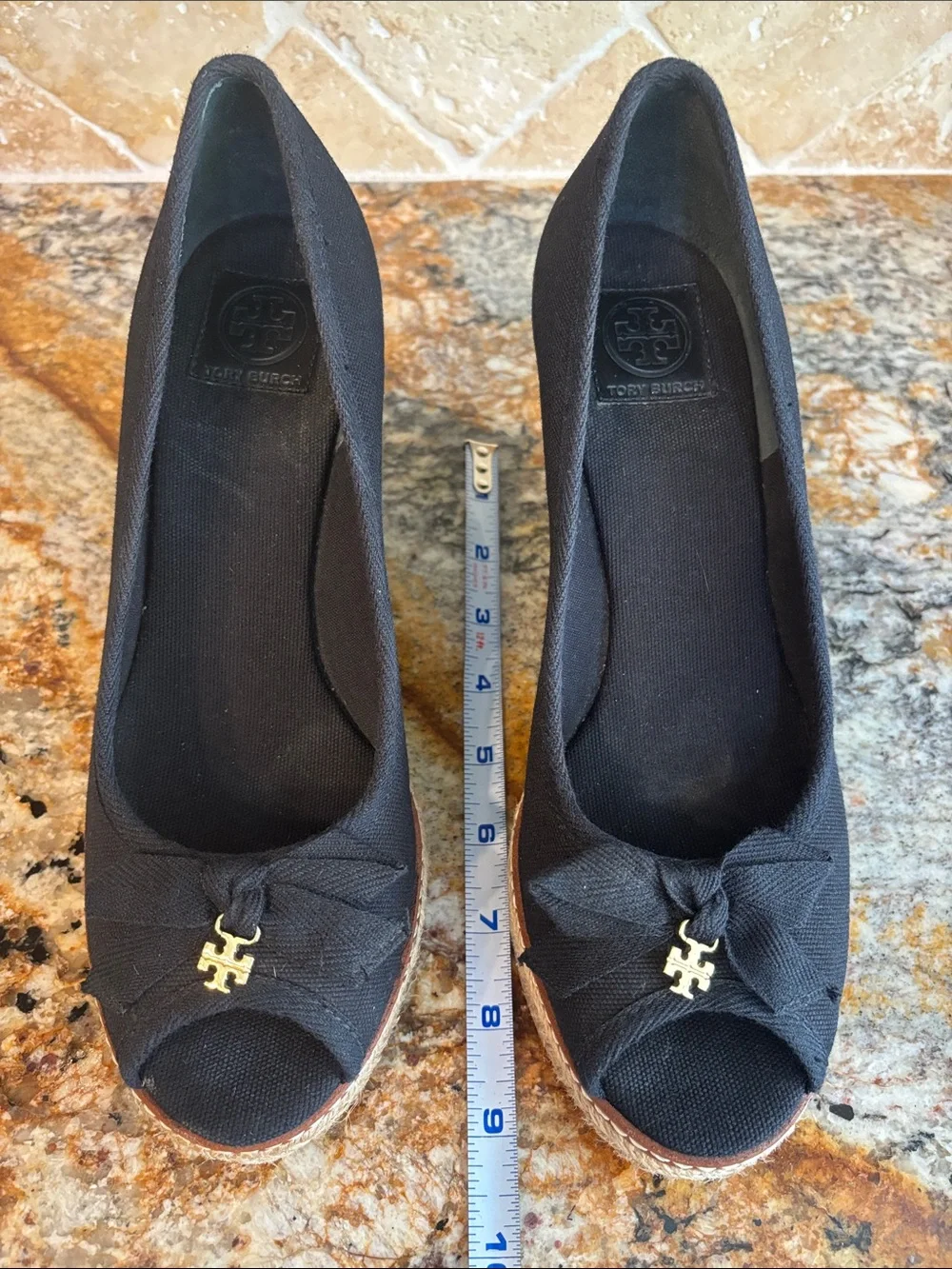 Tory Burch Black Espadrille Wedge Peep-Toe Pumps with Gold Logo